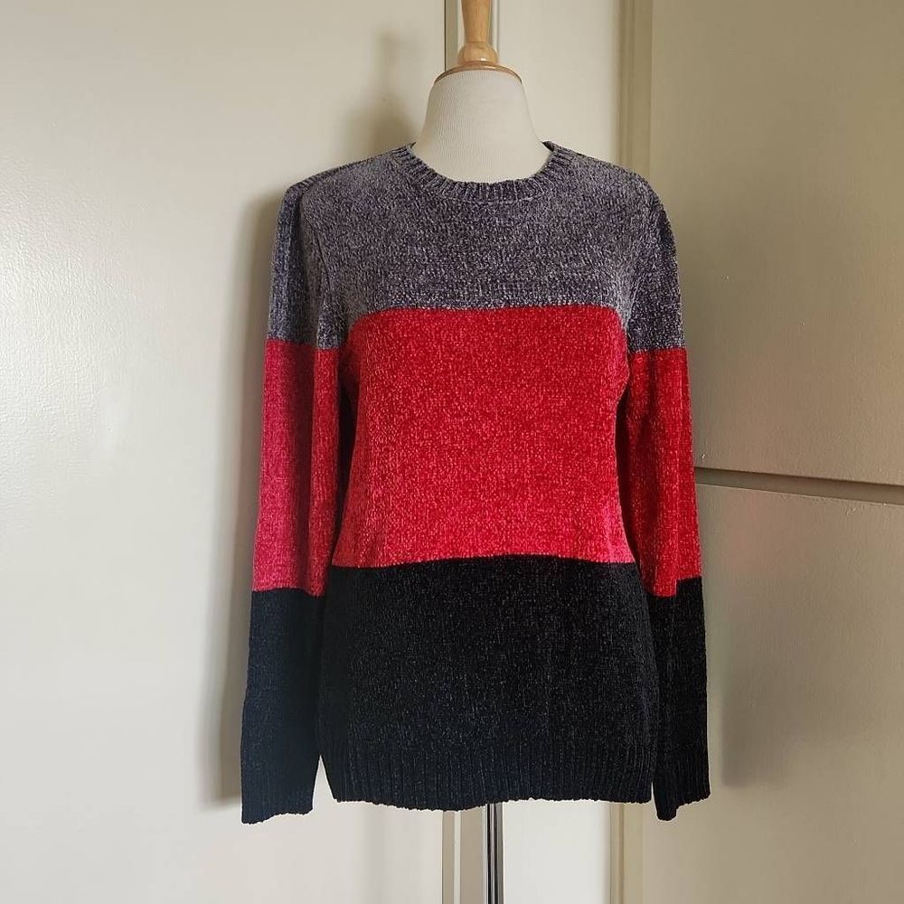 Karen Scott Color Block Red/Grey/Blk Chenille L/S Sweater, NWT, M